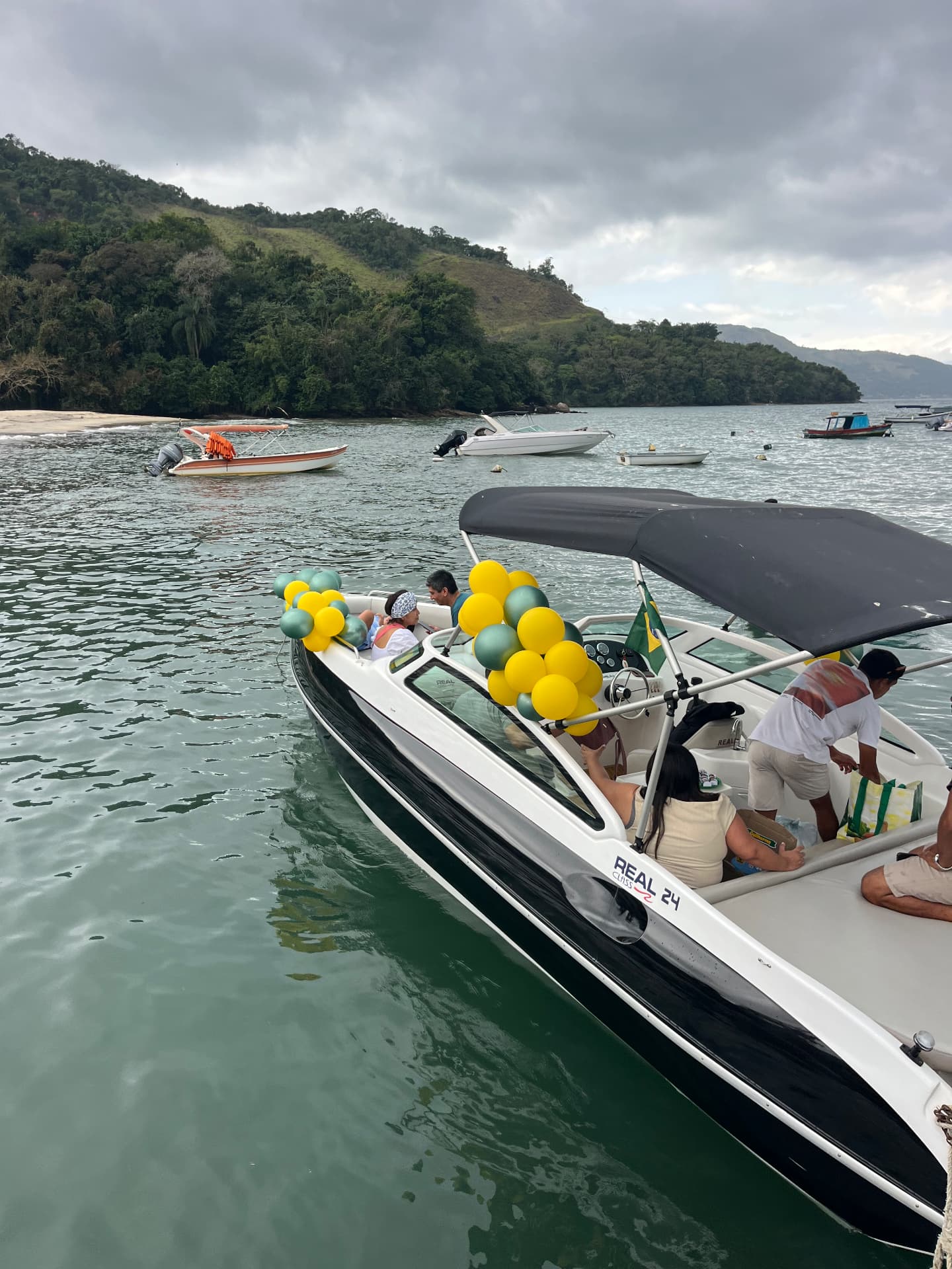 Lancha da Primares com convidados a bordo em enseada cercada de Mata Atlântica